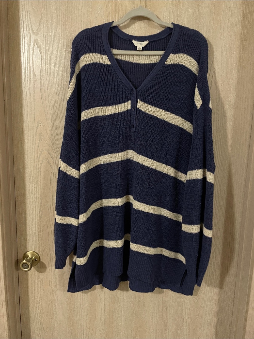 Terra & Sky Navy and Cream Striped V-Neck Sweater